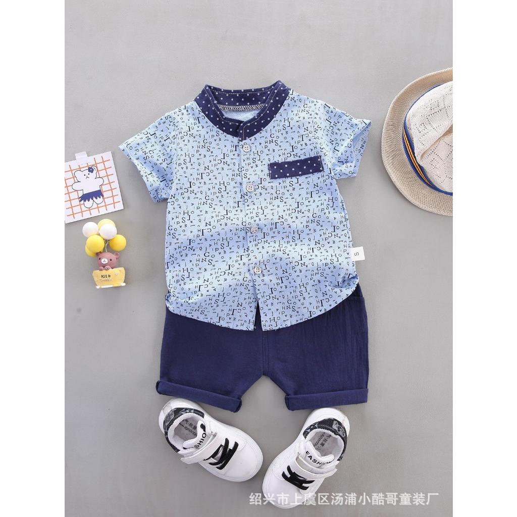 Summer Printed Pyramid Shirt Short Sleeved Shorts Set for Male and Female Infants and Young Children