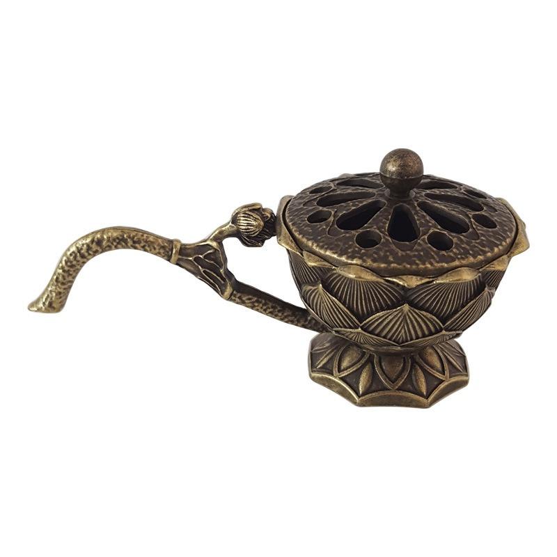 Creative Lotus Incense Burner with Handle Retro Copper Lotus Hollow Out Incense Stick Burner Brass Craft Home Office Decoration