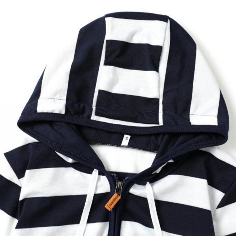 Long Sleeve Women Striped Hooded Sweatshirt with Zipper Pocket and Drawstring