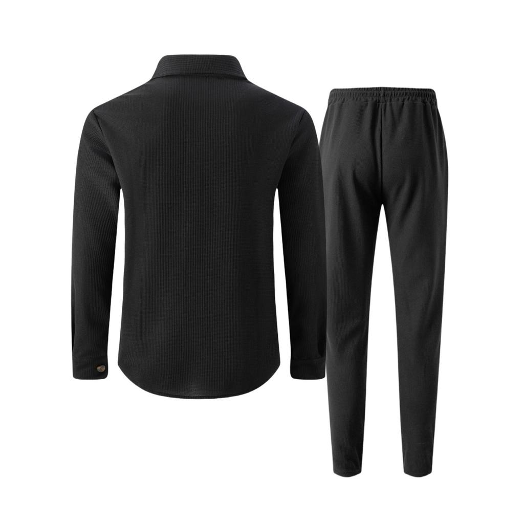 Men's Casual Long Sleeve Pants Two Piece Set Solid Color Double Pocket Workwear Cardigan Shirt Set