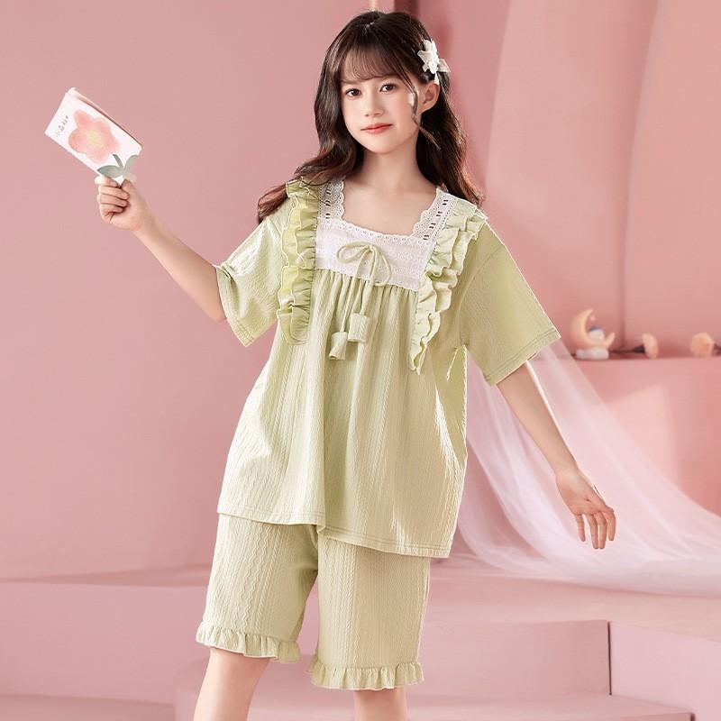 Girls Cotton Pajama Set Short Sleeve Princess Style Sleepwear Kids 8 Years Lightweight Home Wear
