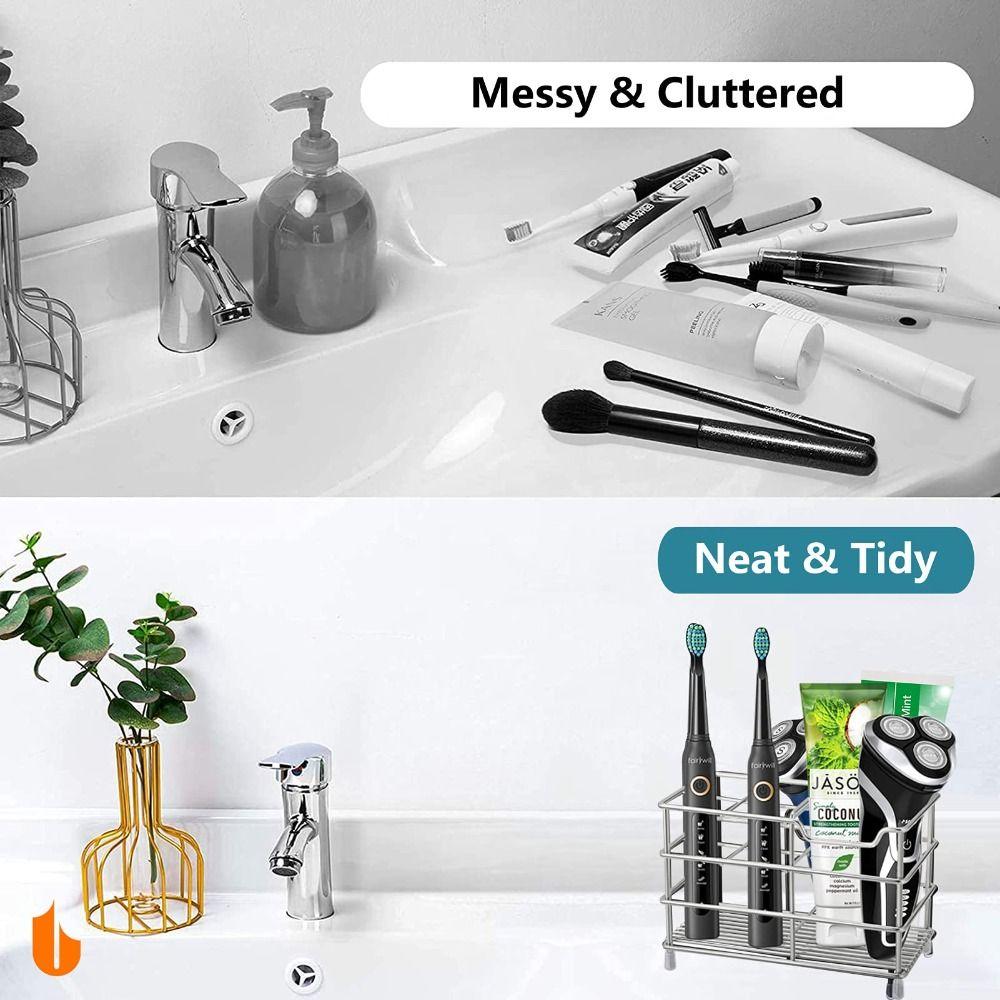 Stainless Steel Toothbrush Holder 5-Slot Layout Bathroom Organizer Countertop Storage