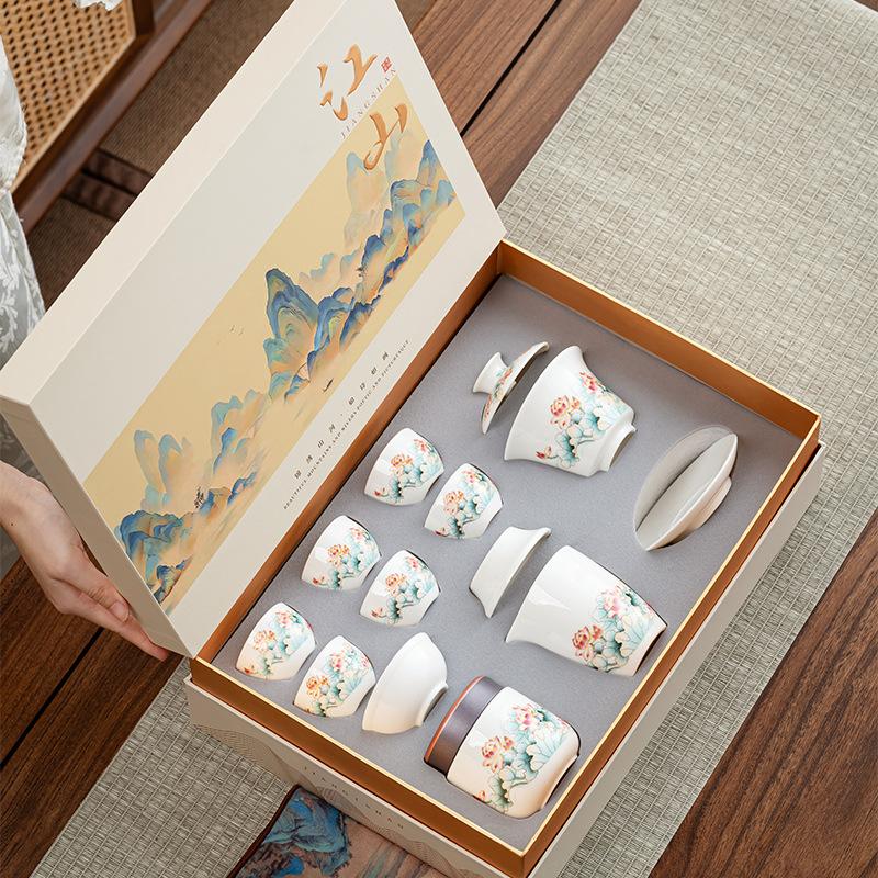 Light Luxury Kung Fu Set Retro Red Lotus White Porcelain Teapot Dehua Suet Jade Merchandise Gifts Guochao Business Printing
