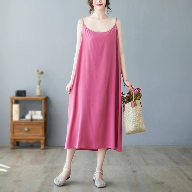 

DIMANAF женское платье больших размеров, новинка 2024 года, летнее хлопковое платье, однотонное платье, повседневное базовое свободное длинное платье без рукавов One Size розовый