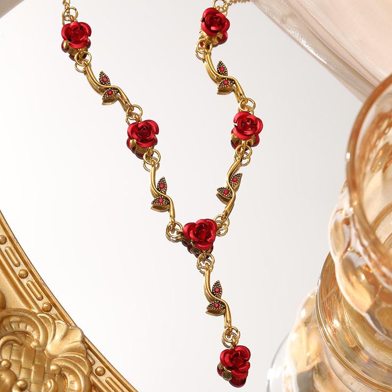 

Винтажный набор украшений с красными розами: ожерелье, браслет, серьги с цирконами для женщин, цепочка-кисточка на ключицу, свадебные подарки с цирконами для помолвки