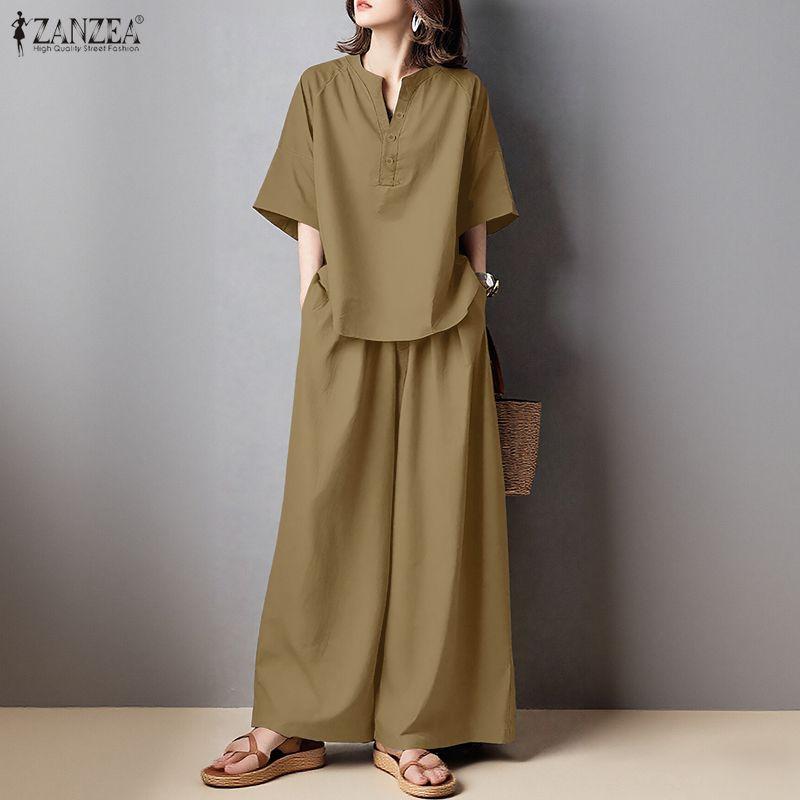 ZANZEA Women 3/4 Sleeve Blouse and Pants Casual Two Piece Suit Sets