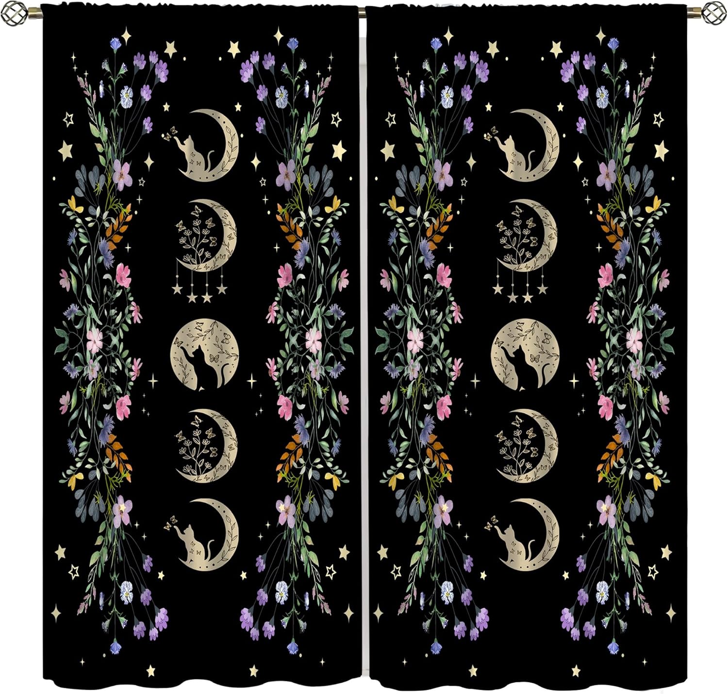 Moon Flower Bedroom Curtains   Phase Moon Black Cat Natural Plant Moonlight Bohemian Natural Print Living Room Drapes 2 Panels Se 100*130 HOOK 1pcs