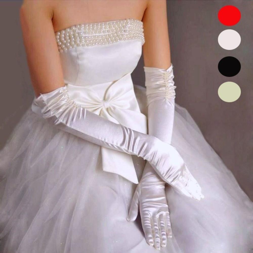Solid Color Wedding Gloves Beaded Long Bridal Gloves Satin Dress Gloves Wedding