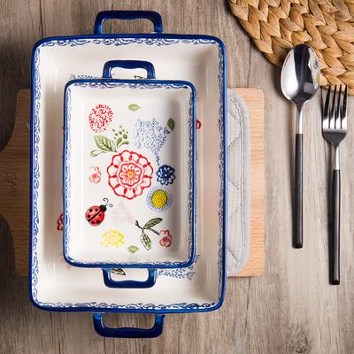Rectangular Binaural Ceramic Bowl Cheese Baked Rice Tray Ceramic Baking Oven Household Utensils Tableware Set Salad Bowl