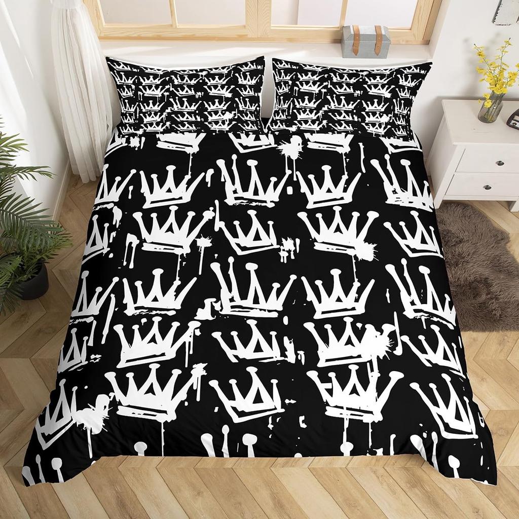 Crown Queen and King Couple Duvet Cover His and Hers Bedding Set Pink Comforter Cover Lover Romantic Valentine's Day Quilt Cover