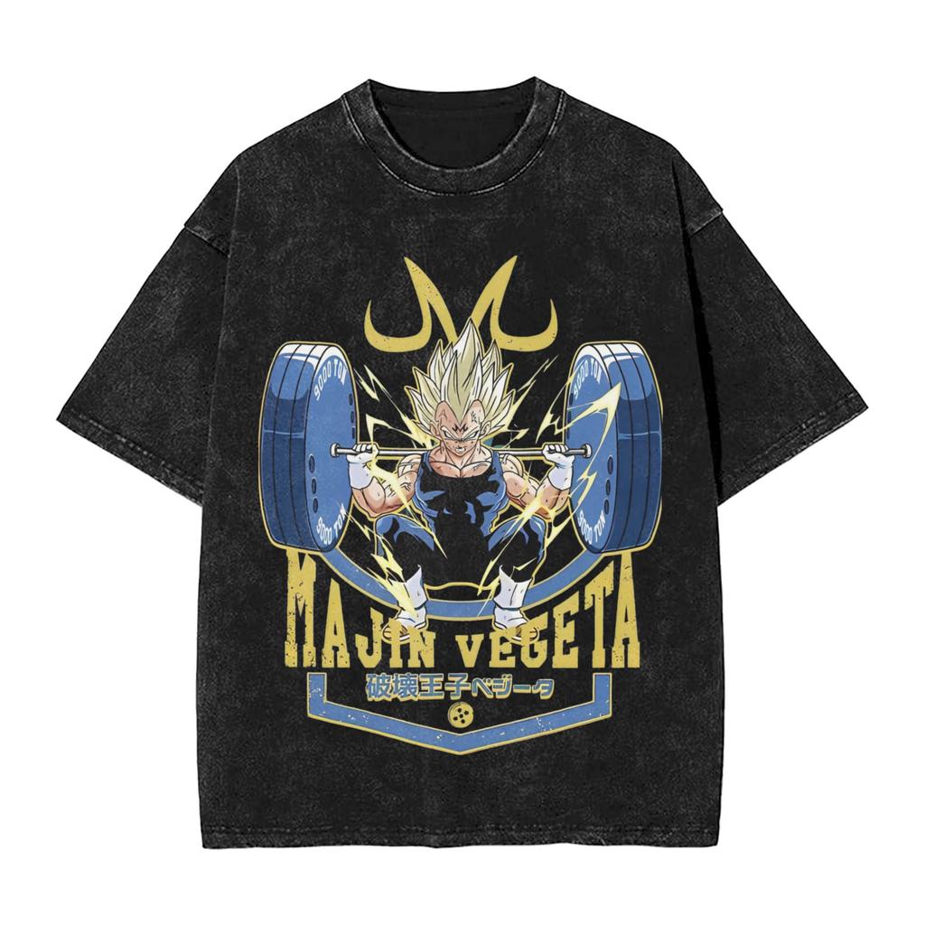 Summer Dragon Ball Retro Washed Cotton T-Shirt Men Oversized Vegeta Print Unisex Short Sleeve Streetwear
