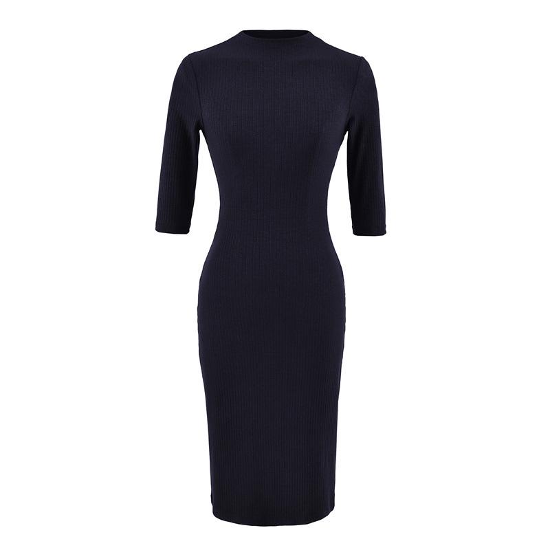 Women s Elegant Ribbed Knit Bodycon Dress - Pink, Long Sleeve, Mid-Length, Summer Style Small тёмно-синий