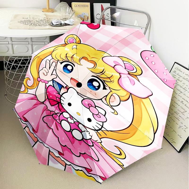 Pink Heart Puella Magi Umbrella Folding Umbrella, Automatic Umbrella 8-Frame for Travel, Camping Use Gift for Halloween Christmas