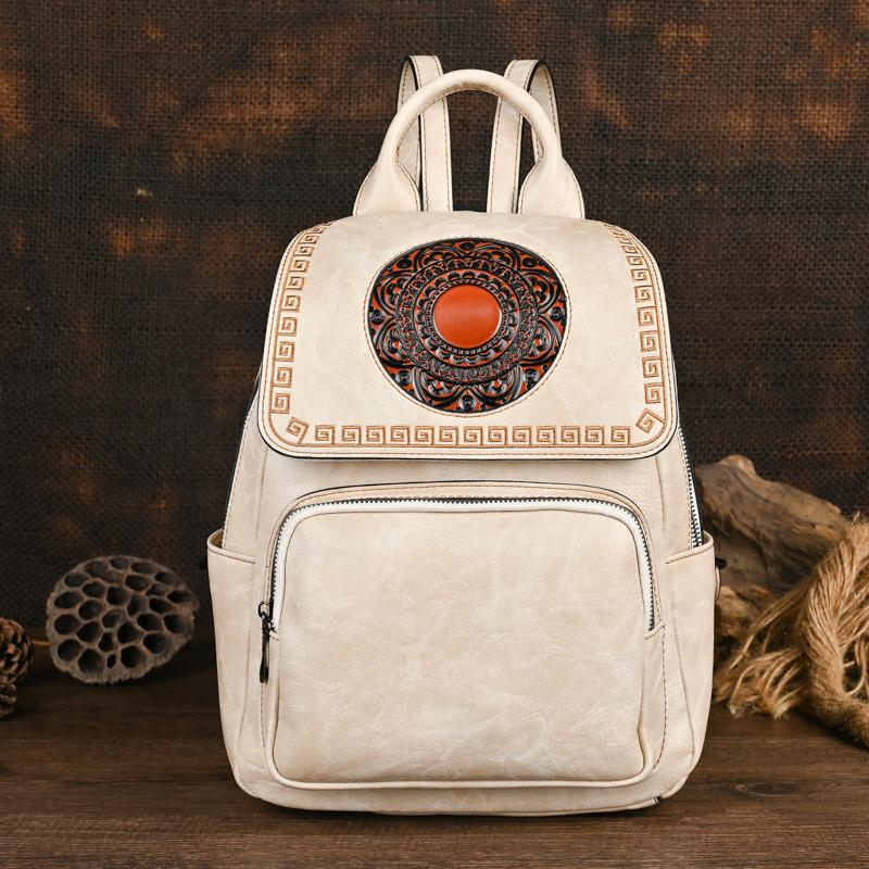 Johnature Vintage Ručně vyráběný Dámský Kožený Batoh Totemově Ražený Velká Kapacita Všestranné Cestovní Tašky