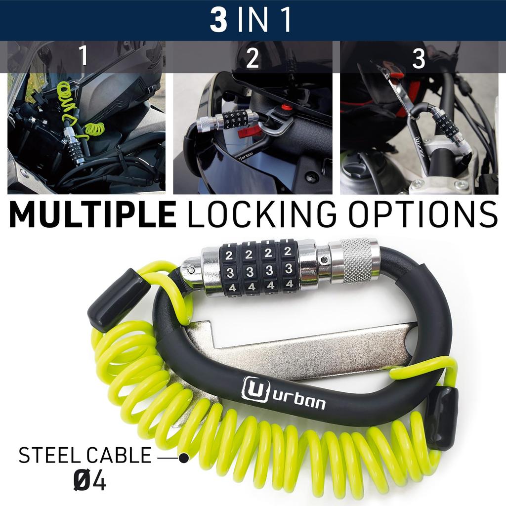 Urban UR140 Motorcycle Helmet Lock with Combination Carabiner Bicycle Carabiner Lock Helmet Buckle Cable, Anti-Theft Lock, Anti-Theft T-Adapter