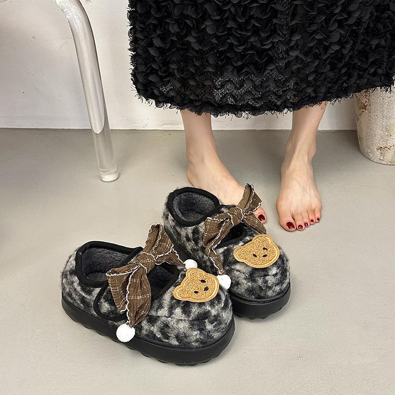 

Leopard print broken diamond flat Mary Jane shoes cartoon platform fluffy shoes women s autumn and winter fashion versatile cotton shoes plush sing 41 чёрный