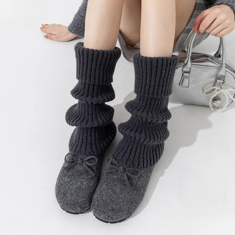 

Sock Cover Women s Thick and Warm Striped Pure Color Pile-up Stocking Knitted From Wool, High-calf-length Knee-high Leg Cover 1 pair темно-сірий