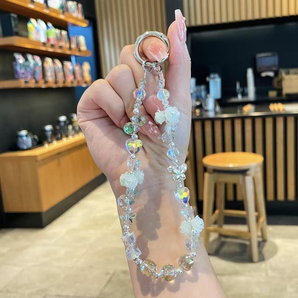 Elegant Rose Quartz Phone Lanyard & Keychain: Women's Wrist Accessory, Purse Charm, and Car Key Holder