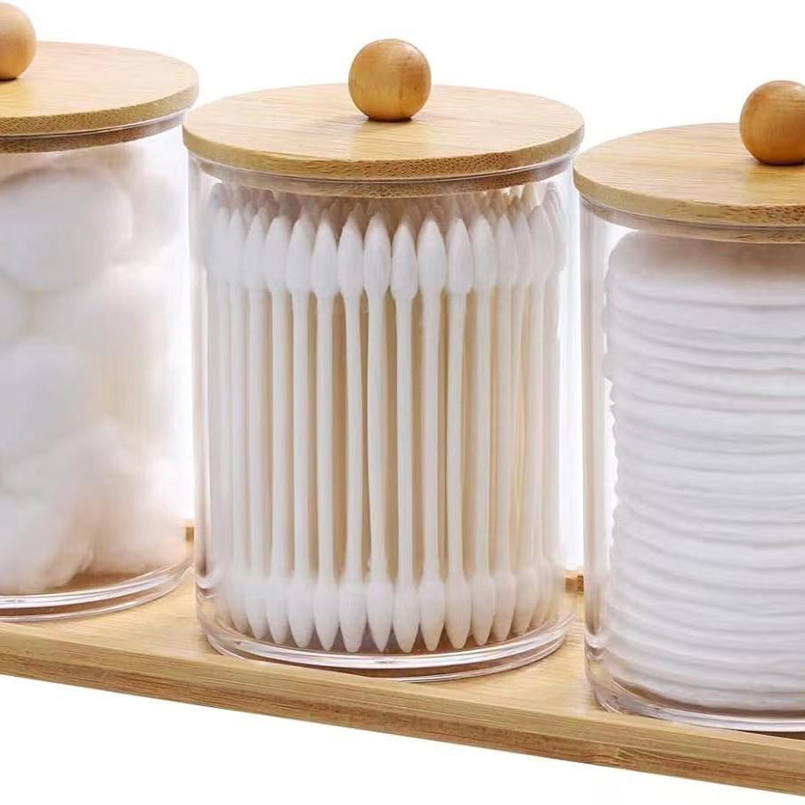 Bamboo Lid Cotton Swab & Makeup Remover Acrylic Storage Box: Includes Cotton Balls, Dental Floss, Round Box