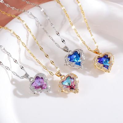 Ocean Heart Necklace Women's Light Luxury Blue Crystal Necklace Heart Clavicle Necklace