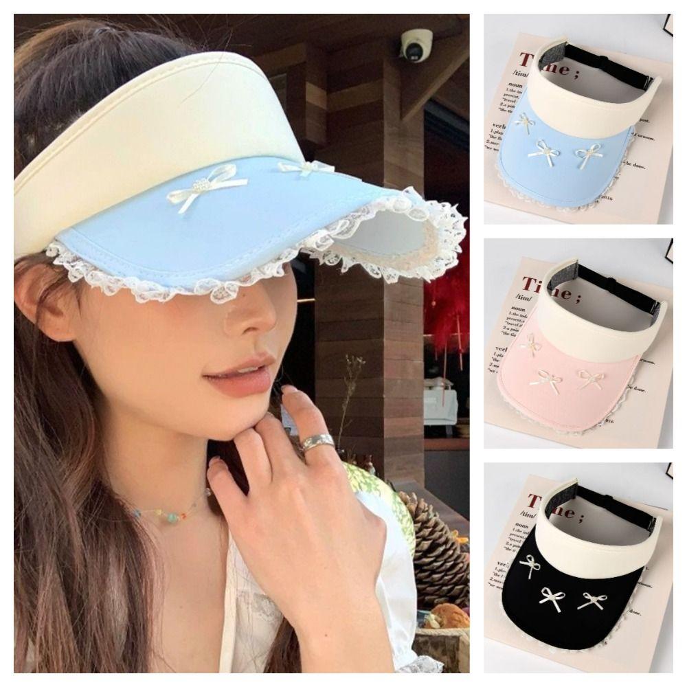 Bowknot Lady's Sun Hat Lace Brim Sun Protection Hat Cartoon Empty Top Cap  Girls