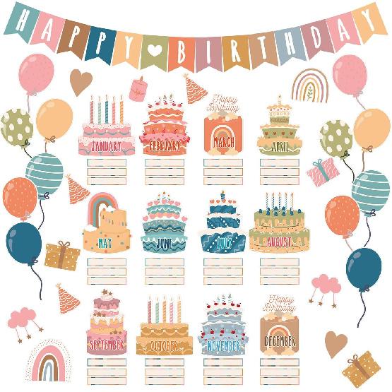 87 Pcs Boho Birthday Bulletin Board Decorations Boho Classroom Bulletin Decor Happy Birthday Board Cutouts for School Classroom Chart Calendar Wall Birthday Cake
