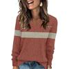 Women's Fashionable Oversized V-Neck T-Shirt With Striped Patchwork Print Long-Sleeved Pullover Top
