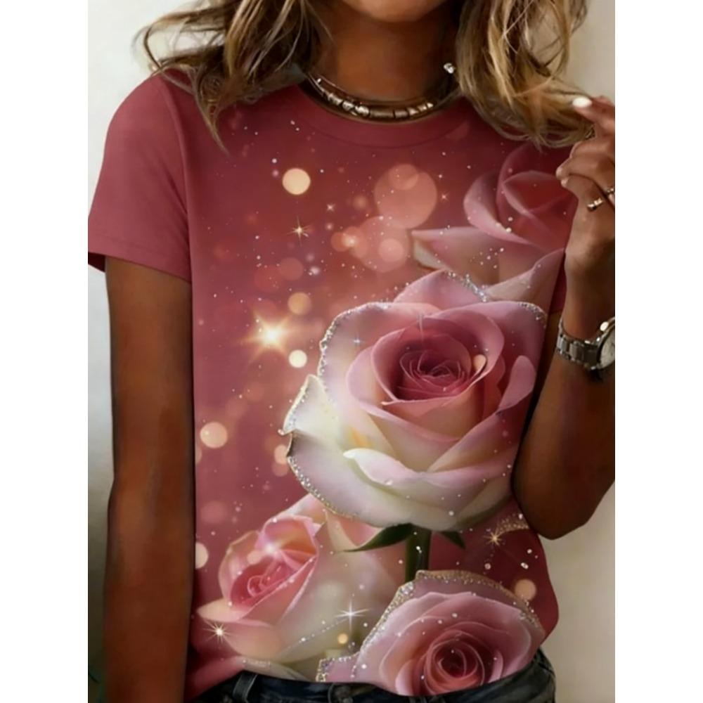 Damen Sommer Blumenprint Groß Locker Lässig T-Shirt Modisch Bequem Weich Atmungsaktiv Minimalistisch Täglich Kurzärmliges T-Shirt