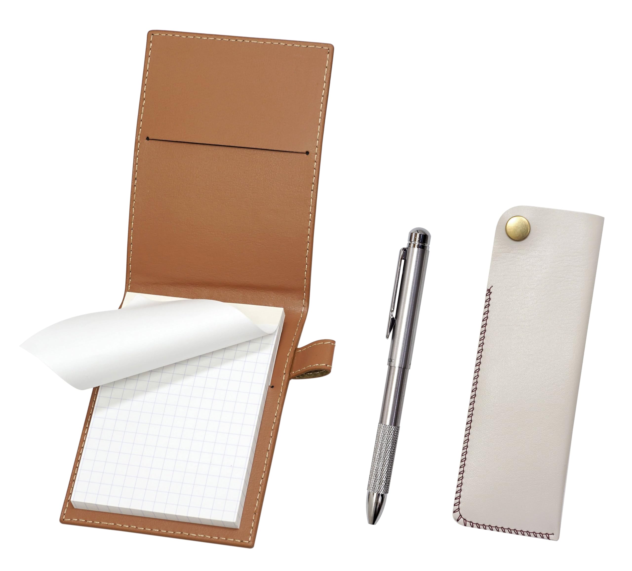 

Мини-обложка для блокнота из переработанной коровьей кожи цвета мокко с белым пеналом и вращающимся держателем для ручки и карандаша с выемкой, металлическим застежкой-кнопкой