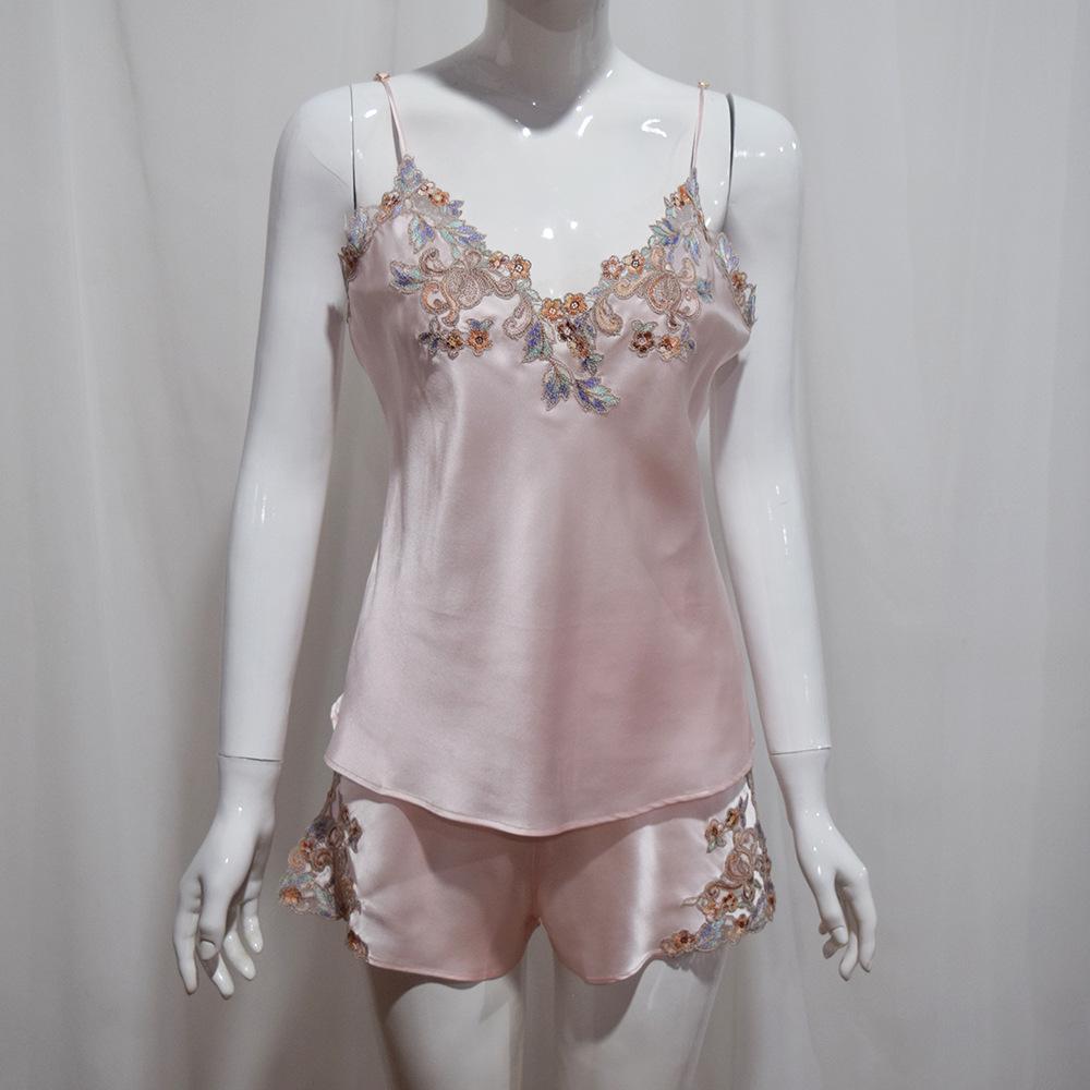 Women's Embroidered Silk Robe & Nightgown Set: Long Camisole, Multi-piece Mulberry Silk Sleepwear