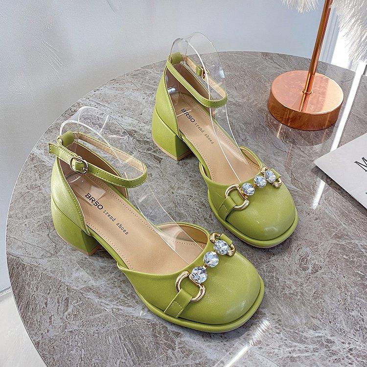 Nuovi Sandali Donna Estate Nuovi All-Match Tacco Spesso Francesi Strass Mary Jane Scarpe Singole Donna Punta Quadrata Scarpe con Tacco Sandali