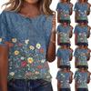 Damen Vintage Blumenprint Kurzarm Knopfleiste Henley-Kragen Hemd Leicht Atmungsaktive Baumwoll-Leinen-Mischung Freizeit-Oberteil