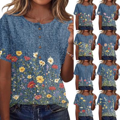 Damen Vintage Blumenprint Kurzarm Knopfleiste Henley-Kragen Hemd Leicht Atmungsaktive Baumwoll-Leinen-Mischung Freizeit-Oberteil