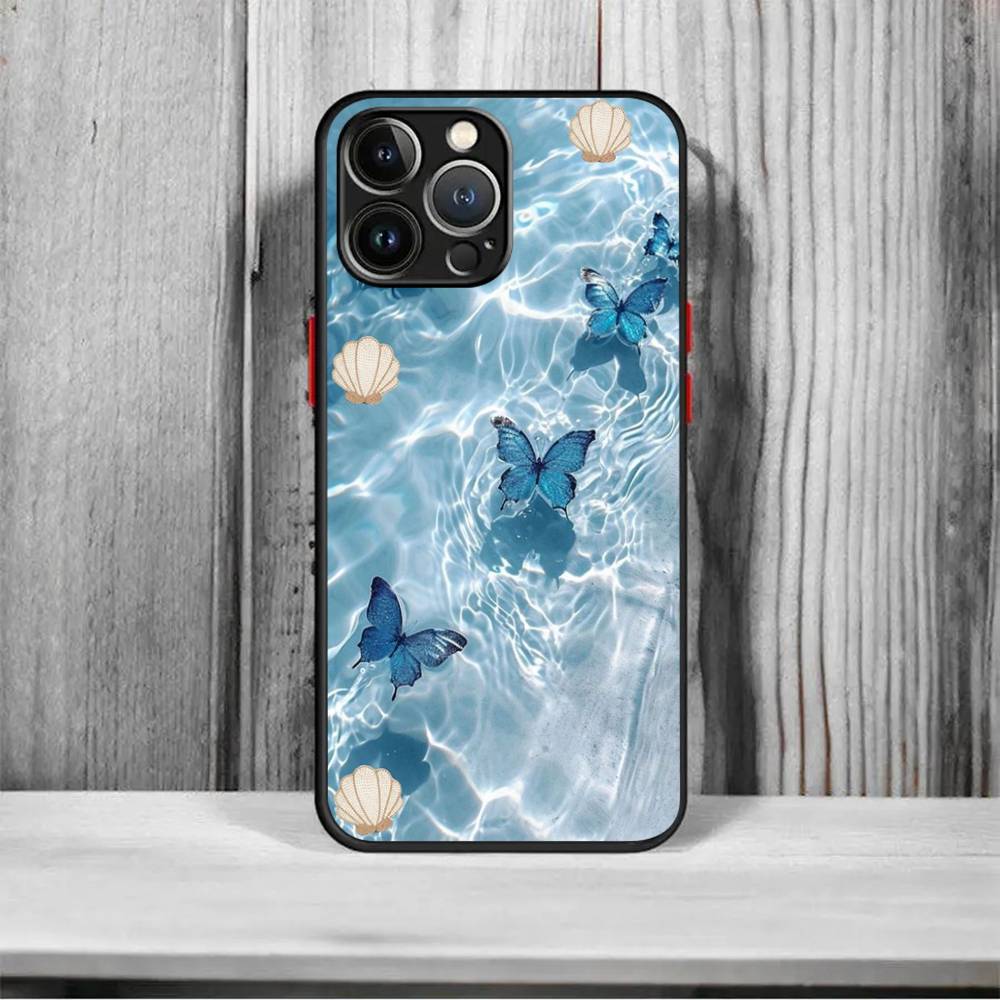 Blue Butterfly Ocean Waves Shockproof Matte Phone Case For IPhone 16 15 14 13 12 11 Pro Max X XR XS MAX Mini