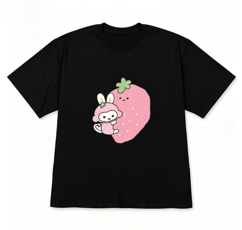 Cute Short Sleeve Tshirt Monkey Hugging Banana Graphic Black Crew Neck Tee with Kawaii Animal Youthful Casual Streetwear Top