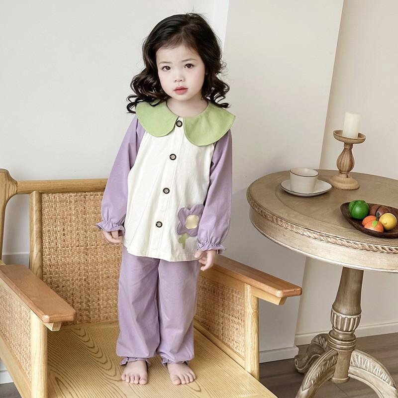 Kids Cotton Long Sleeve Pajama Set With Collar Soft Breathable Sleepwear Home Wear