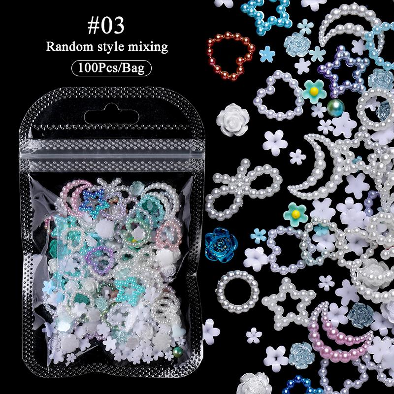 100Pcs Aurorals Nail Art Decoration Shell Pearl 3D Nail Charms Mixed Style Colorful Resin Butterfly Bowknot Manicure Nail Supply