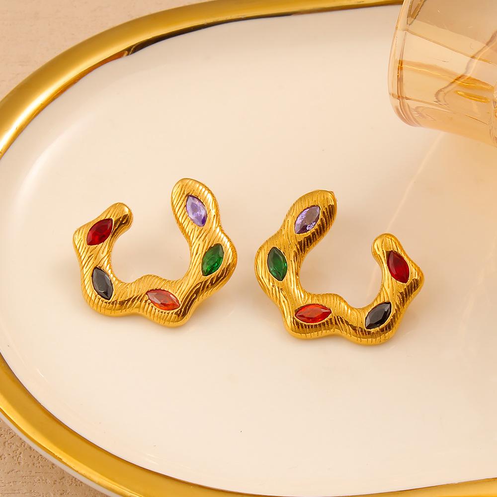 Vintage Multi-color Zirconia Ear Cuffs, 18K Gold Titanium Steel, Elegant Earrings