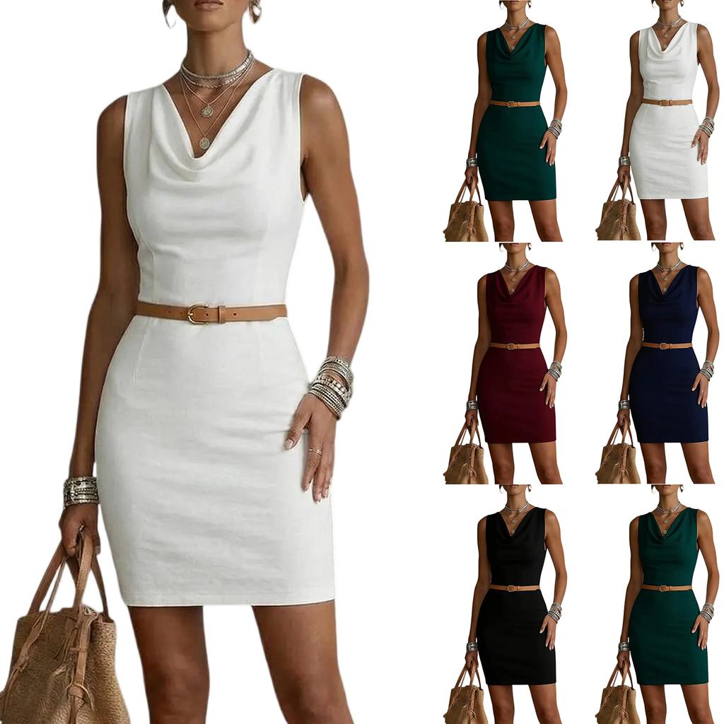 Abito casual da donna senza maniche, vestibilità aderente, con cintura, scollatura semplice, design tinta unita, adatto a varie occasioni