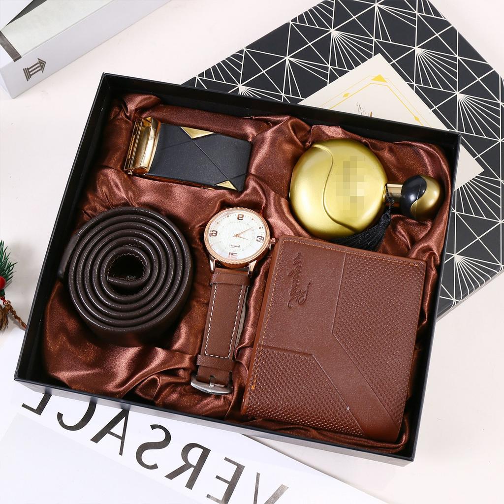 Premium Men's Souvenir Gift Set Custom Logo Leather Wallet Belt Watch Sunglasses 4-Piece Valentine Birthday Luxury Box