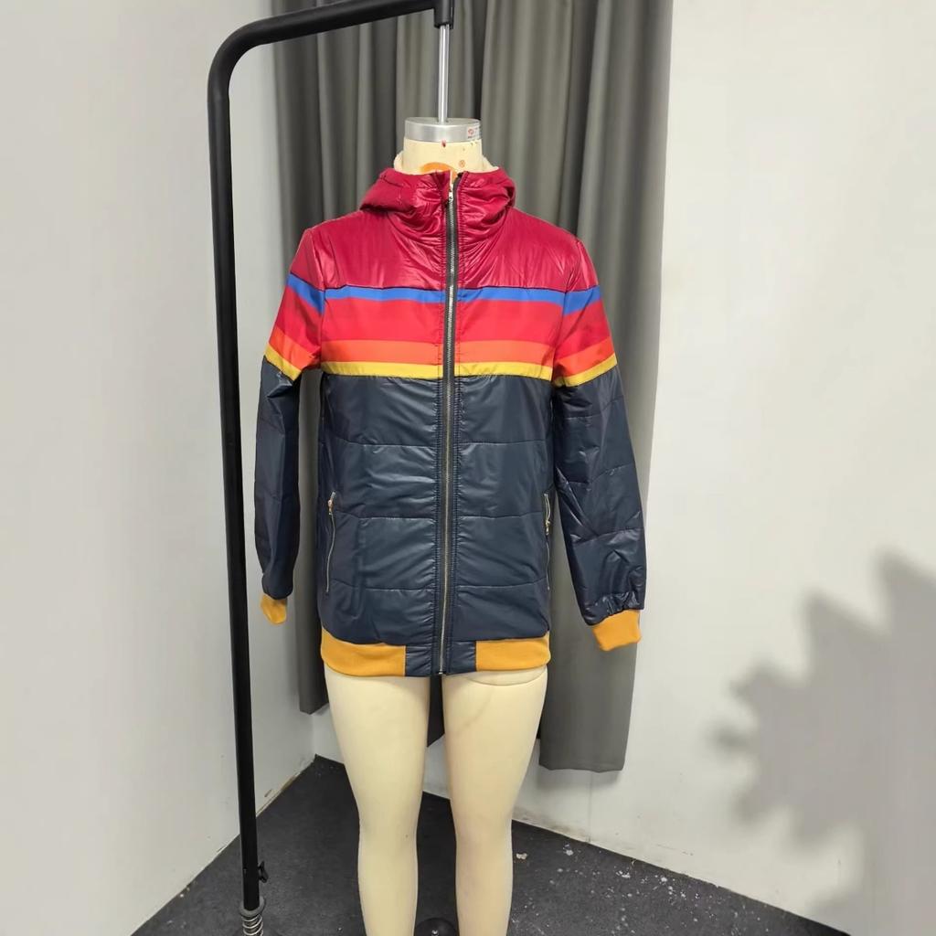 New Women's Casual Cropped Printed Hooded Padded Jacket, Fall Winter Color Block Cotton Parka For Women