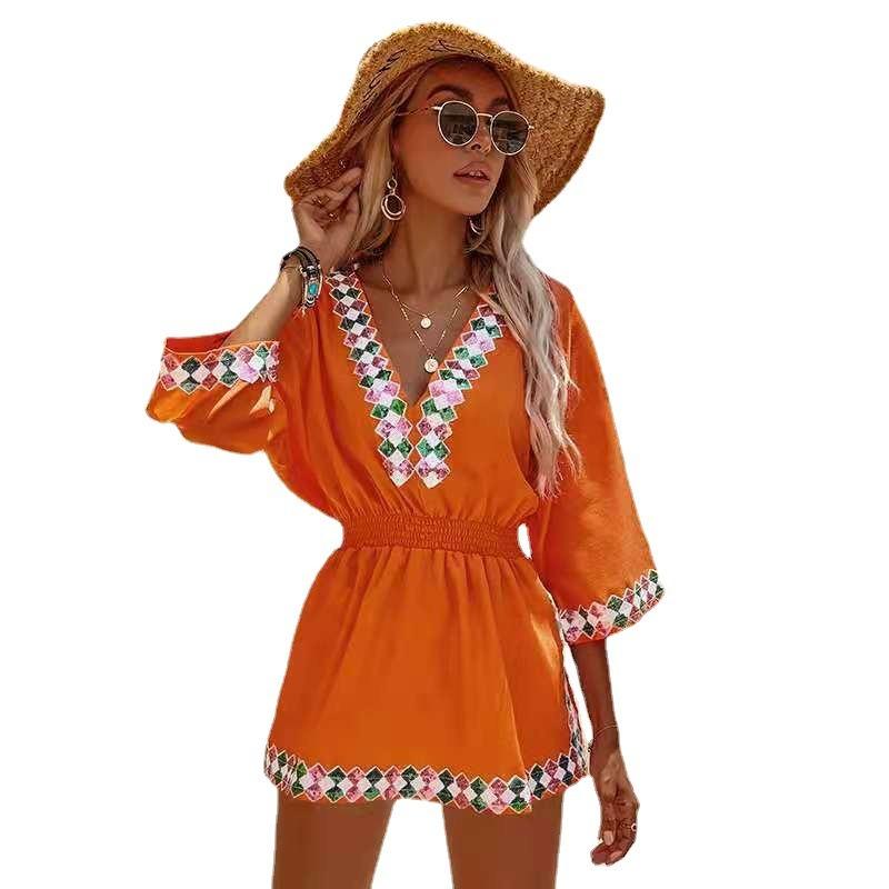 Boho Yaz Plaj Yarasa Kollu Gömlek Güneş Korumalı Kadın Elbisesi