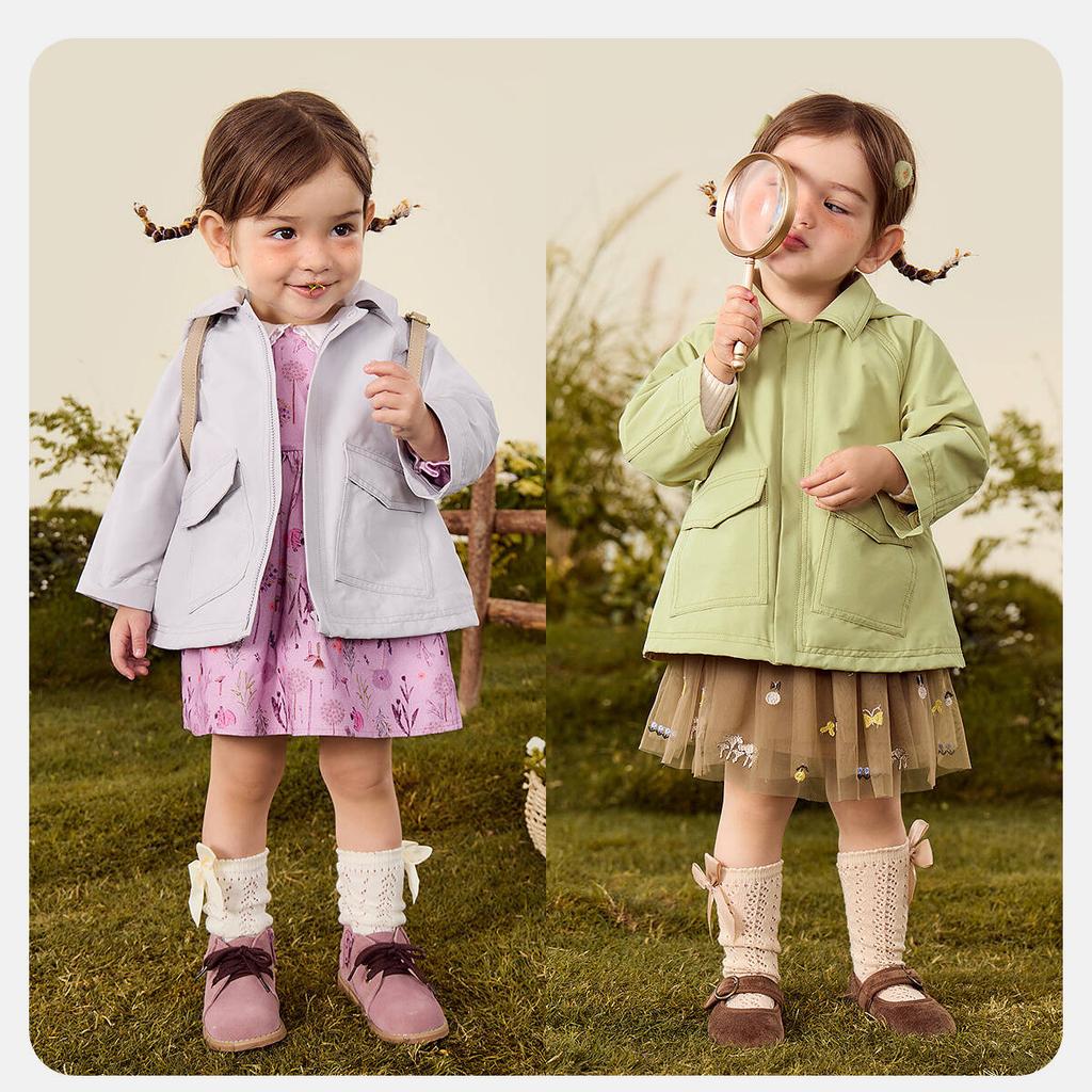 Mini Balabala Girls' and Children's Loose A-Swing Hooded Cotton Soft Three Proof Coat Autumn