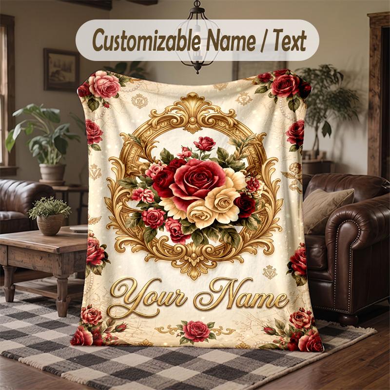 Elegant Floral Frame Theme Throw Blanket Custom Name Text Personalized Blanket Soft Cozy Blanket for Home Sofa Bed