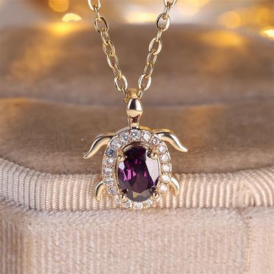 Damen Kristall Lila Zirkon Stein Niedliche Schildkröte Anhänger Halskette Vintage Gold Farbe Hochzeit Für Frauen