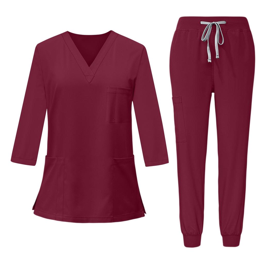 Set da Lavoro da Donna a Manica 3/4 con Top Scollo a V e Pantaloni Jogger, Uniforme Morbida ed Elastica per Professionisti Medici