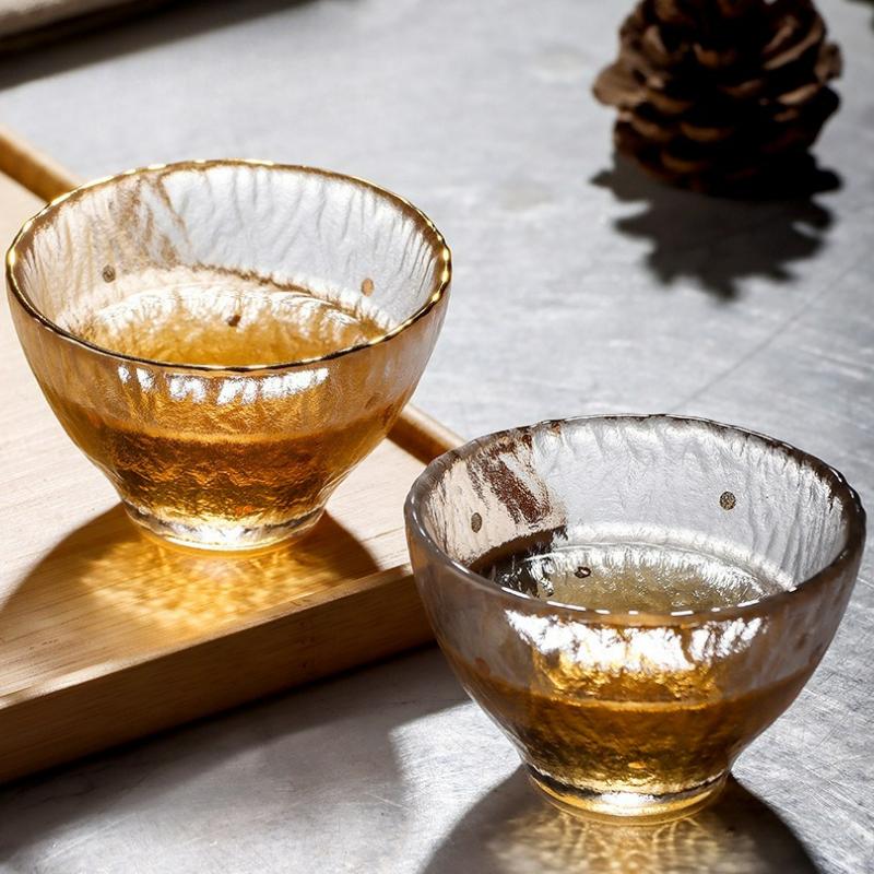Japanischer hitzebeständiger Glas-Teetasse Kreativ Mini Gehämmert Goldrand Kung Fu Teeschale Teetassen Haushalt Wasserbecher