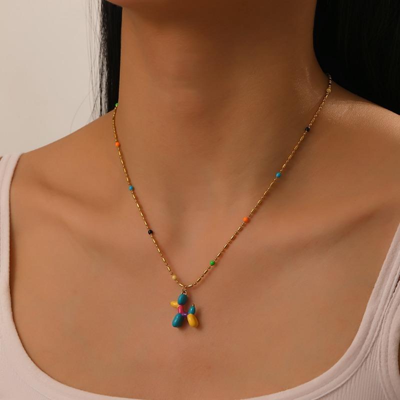Gold Plated Colorful Balloon Dog Pendant Necklace for Women Stainless Steel Enamel Beaded Chain