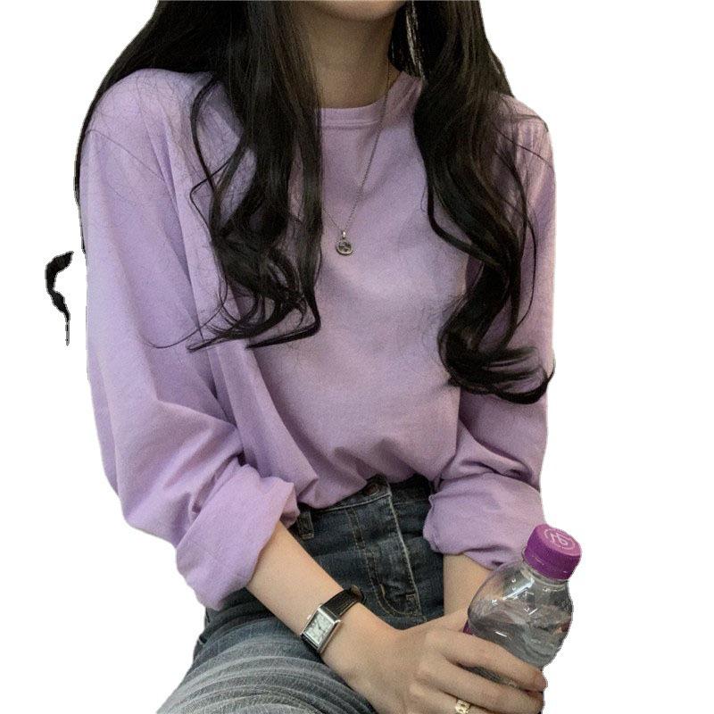 2025 Spring Korean Solid Color Loose Long Sleeve T-shirt for Women and Students