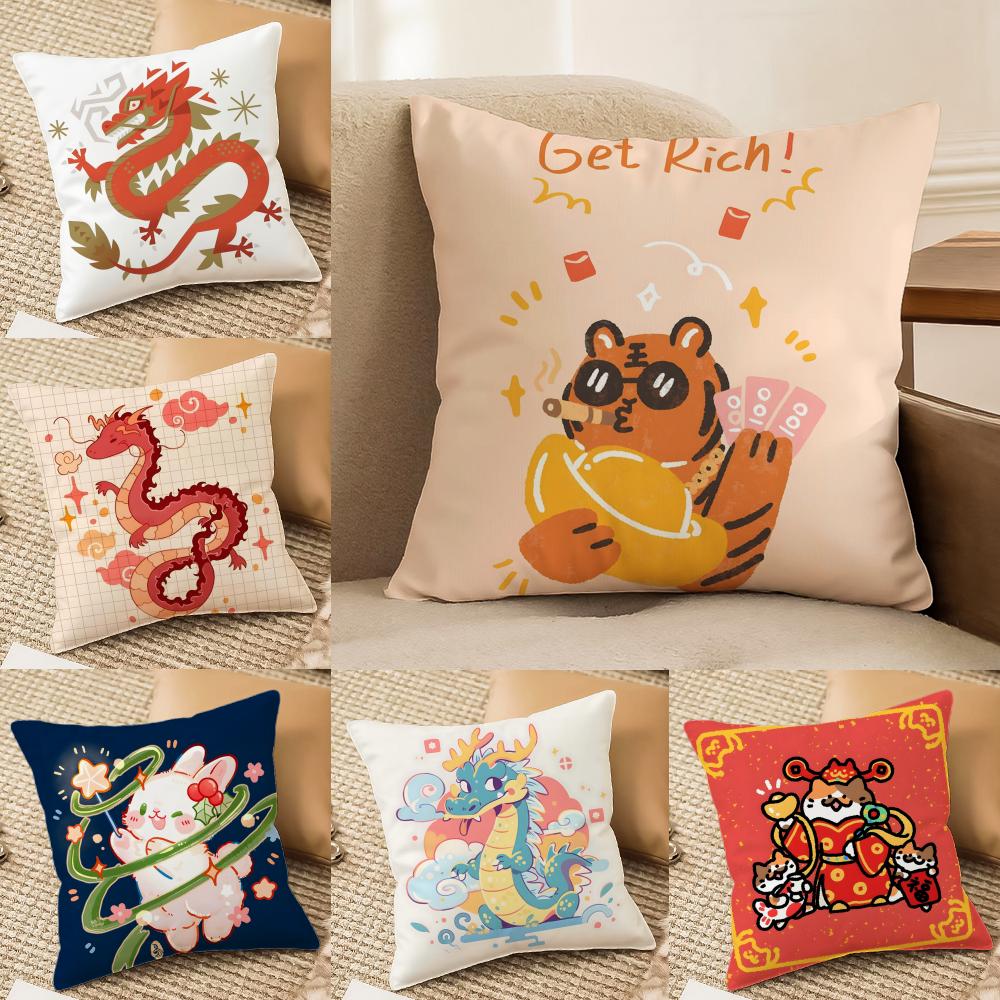 Cartoon Of Oriental Dragon Illustration Pillow Case Double-Sided Plush Sofa Cushion Covers Organic Breathable Invisible Zipper